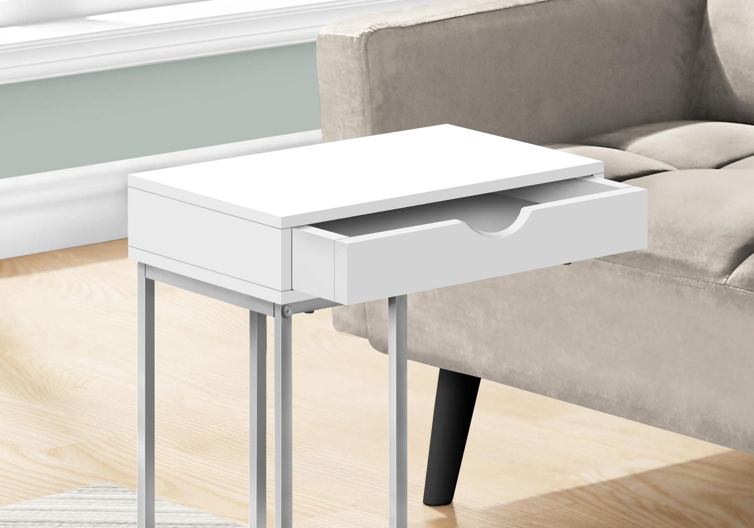 Monarch Specialties Table D'appoint, En Forme De C, Bout, Côté, Collation, Tiroir De Rangement, Salon, Chambre À Coucher, Métal, Stratifié, Blanc, Gris, Contemporain, Moderne