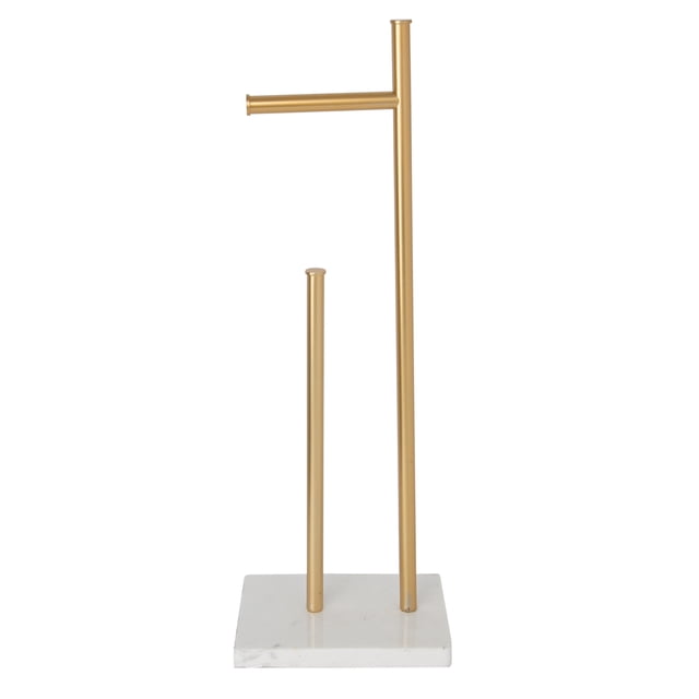Era Twain Carrara Marble Freestanding Toilet Paper Holder in warm gold with a white marble square base, featuring a vertical rod for storing extra rolls and a horizontal arm for dispensing one roll, designed for efficient bathroom hardware use.
