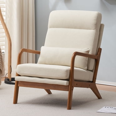 Ktaxon Fauteuil d'Appoint Mid-Century Modern, Fauteuil en Tissu de Lin, Causeuse une Place à Dossier Haut avec Cadre en Bois Massif Beige