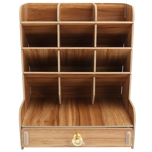 Wood Desktop Organizer, Desktop Organizer Drawer Stable Structure With Handle For Home For Office Accessory Stationery For Students Black,Cherry Wood Color