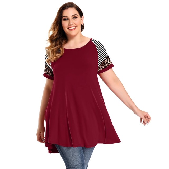 LARACE Hauts Décontractés pour Femmes Grande Taille Col Ras du Cou Manches Courtes Chemisier Tunique Hauts Bourgogne 3X