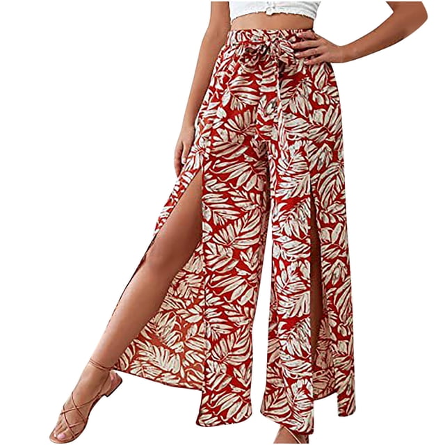 Birdeem Pantalon Grand Décontracté pour Femme à Lacets, Taille Élastique, Imprimé, Fendu