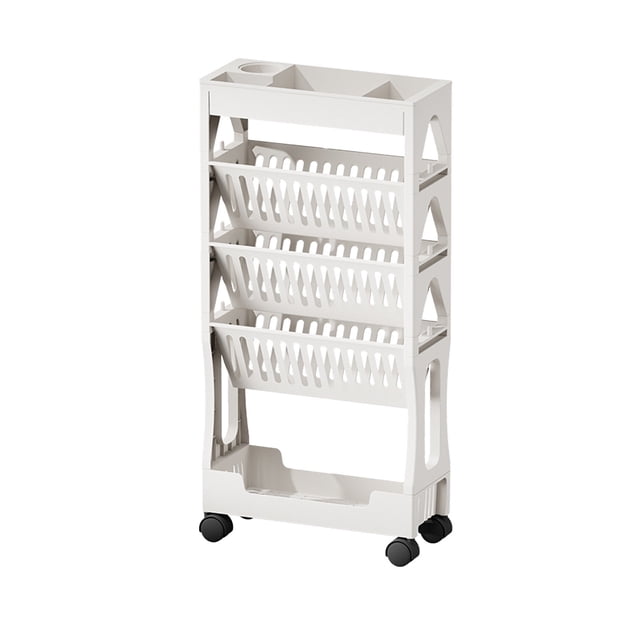 White Rolling Book Cart 5-Tier Desktop Organizer For School Office 29.9X14.5X6.1 Inches Portable Folding Storage Rack For Books Stationery Supplies Mobile Classroom Trolley With Wheels