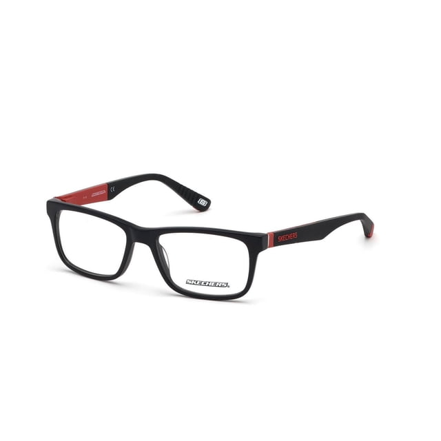 Skechers Monture de Lunettes pour Enfants SE1158 en Noir Mat avec accents Intérieurs Rouges, Verres Rectangulaires en Acétate Conçus pour Garçons, Montrés à l'Avant Inclinés sur Fond Blanc, Offrant un Confort Léger pour les Lunettes pour Enfants et Adaptés à l'Usage Quotidien en Soins des Yeux.