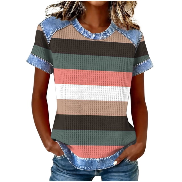Hauts Décontractés à Manches Courtes pour Femmes, Blouses à Col Rond Coupe Ample, T-Shirts d'Été Unis pour Usage Quotidien, Chemises en Polyester Confortables