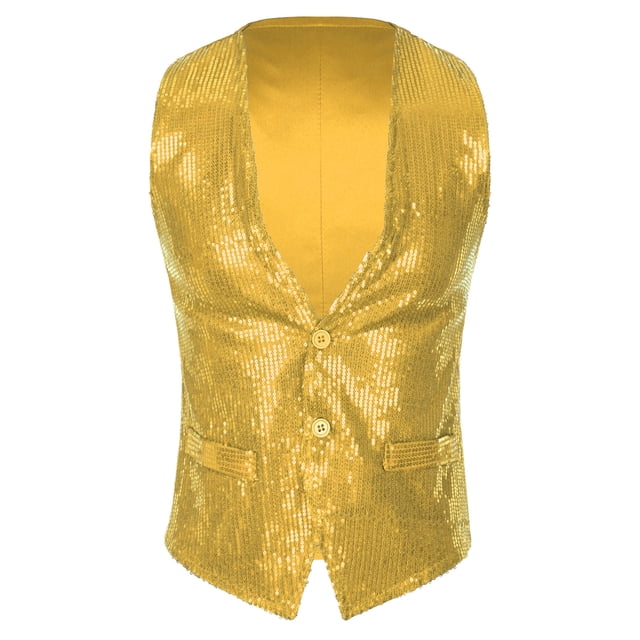 Doomiva Men Shiny Sequins Vest Button Sleeveless Slim Fit Waistcoat Club Prom Party Performance Dance Jacket Gold 170/XL