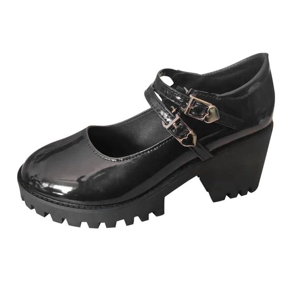 Ladys Mary Jane Shoes Large Size British Style Double Love Buckle Platform Chunky Heel Patent Leather Fashion Retro Elegant Classic Brogues Shoes Shallow Cut Leather Loafers Black