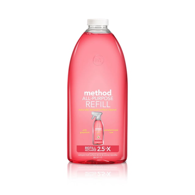 Method All-Purpose Cleaner Refill, Pink Grapefruit, 2.0 L translucent bottle with pink liquid and white cap, formulated with biodegradable, non-toxic ingredients for cleaning counters, tile, wood, and glass, leaving a fresh pink grapefruit scent.