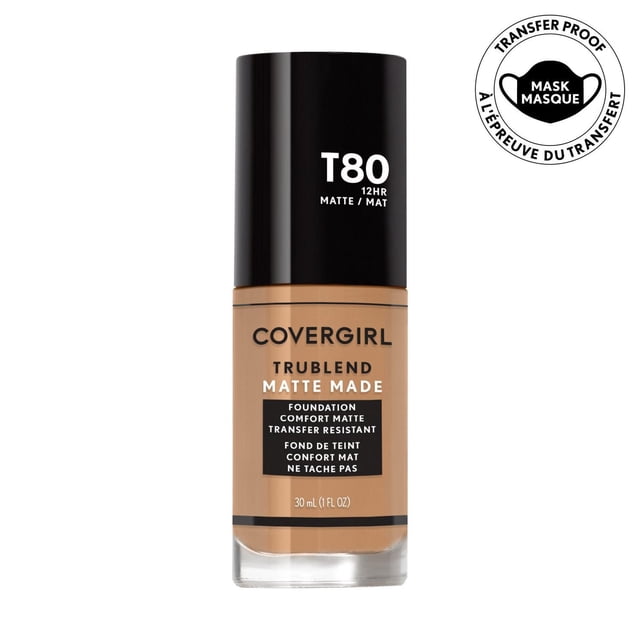 COVERGIRL Trublend Matte Made Foundation in shade T80, 30 ml liquid foundation with black cap, offering 12-hour transfer-resistant matte finish that minimizes pores and is mask-proof, ideal for normal to oily skin.