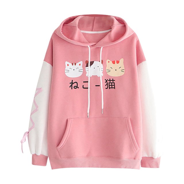 Femmes Chandail à Capuchon Chat Mignon Manches en Coton Hauts Blouse Mode Chandail