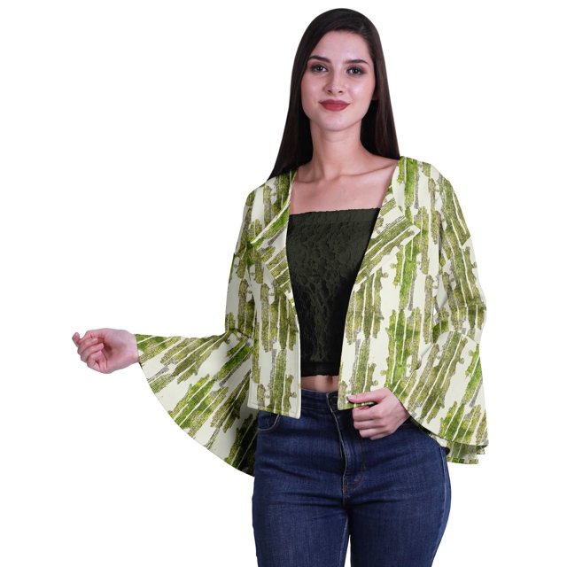 Moomaya Printed Summer Clothes For Women Front Open Bell Sleeve Short Shrug Cardigan