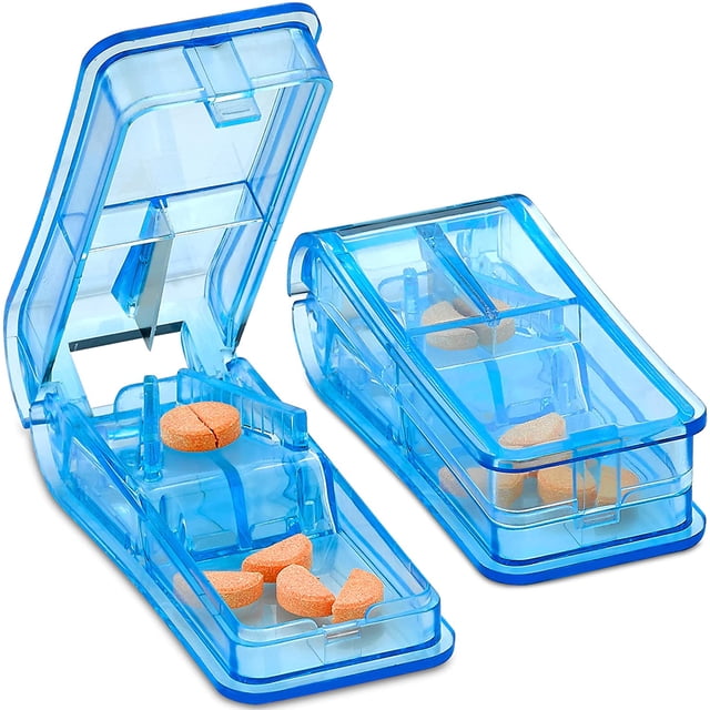Pill Cutter - V-Grip Pill Crusher and Cutter for vitamins, big and small pills, and medication. Transparent pill splitter with a V-shaped holder for accurate cutting into 1/2, 1/4, or 1/8 sizes. Made of BPA-free, food-grade PP material, measuring 3.5 x 1.6 x 1.1 inches. Includes a pill holder case for convenience.