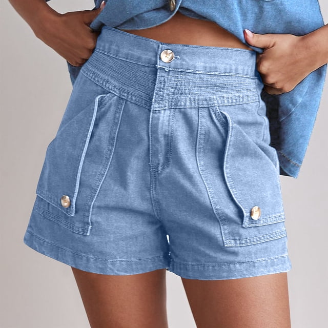 Gspmoly Shorts pour Femmes, Shorts Décontractés Rétro Unis Amples avec Poches pour Femmes, Shorts Grande Taille jusqu'à 70 % de Rabais Bleu Pâle S