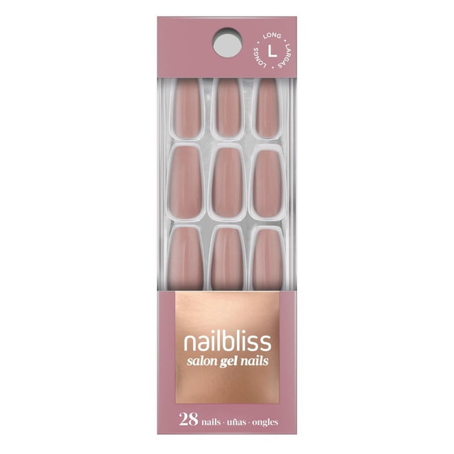 DASHING DIVA - GEL NAIL - CLASSIC NUDE featuring 28 long, classic nude gel false nails in clear tray within mauve packaging labeled nailbliss salon gel nails, waterproof, flexible, chip resistant, and easy to apply for up to 10 days of wear.