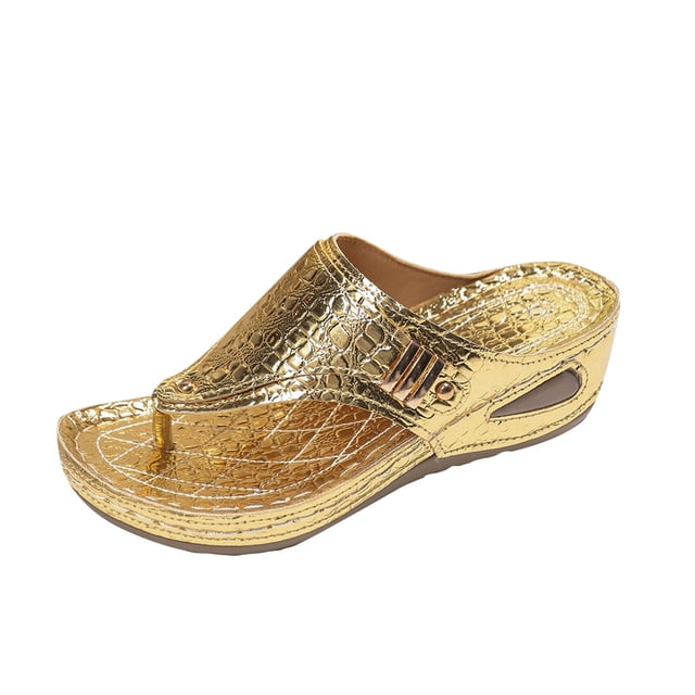Orthopedic Sandals for Women Wedge Flip Flops Metal Decor Irregular Embossing Beach Summer Slide Sandals Gold