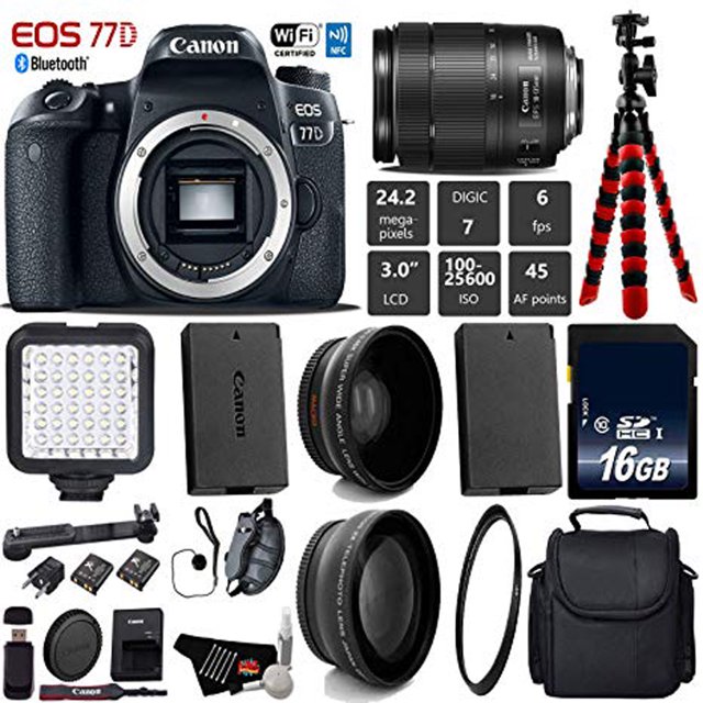 Canon EOS 77D DSLR Camera with 18-135mm is USM Lens + LED + UV FLD CPL Filter Kit + Wide Angle & Telephoto Lens + Camera Case + Tripod + Card Reader - Intl Model