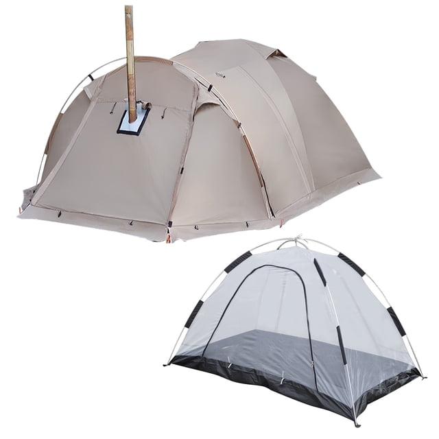 Fireproof 2 Person Waterproof Dome Tent with Snow Skirt by PEPISKY, designed for camping in various weather conditions. Made with durable aluminum poles and polyester fabric, the outer tent measures 320x210x120cm, and the inner tent is 210x125x115cm. Features an extended hallway with a chimney hole for stove connection, a living room with dual doors for ventilation, and a bedroom. Includes flame-retardant fabric, wind ropes, tent pegs, support poles, and a storage bag. Ideal for winter camping and protection against snow and fire hazards.