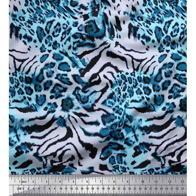Soimoi Blue Modal Satin Fabric Leopard & Wild Animal Skin Print Sewing Fabric BTY 42 Inch Wide