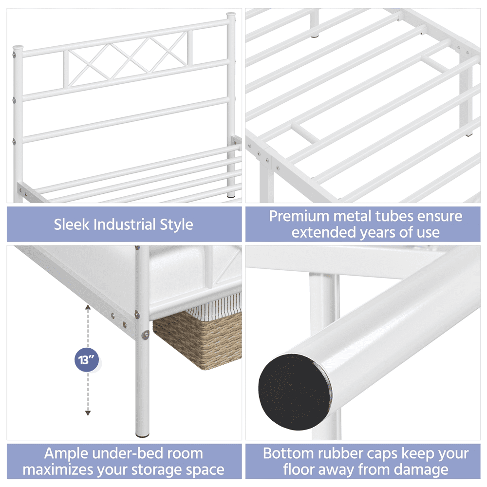 FullFurnique Cadre de Lit Plateforme en Métal Simple avec Tête et Pied de Lit, Double, Blanc