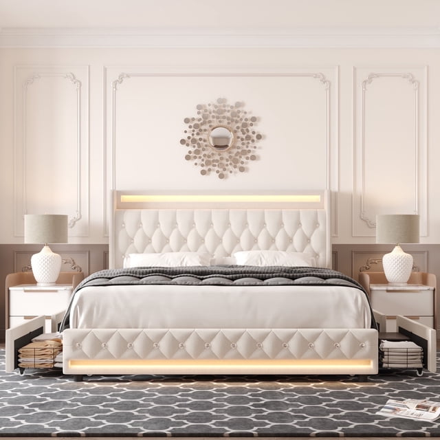 Homfa King Size LED Bed Frame with 4 Storage Drawers, Modern Wingback Crystal Button Tufted Upholstered Platform Bed Frame with Outlets and USB Ports & Display Platform, Beige