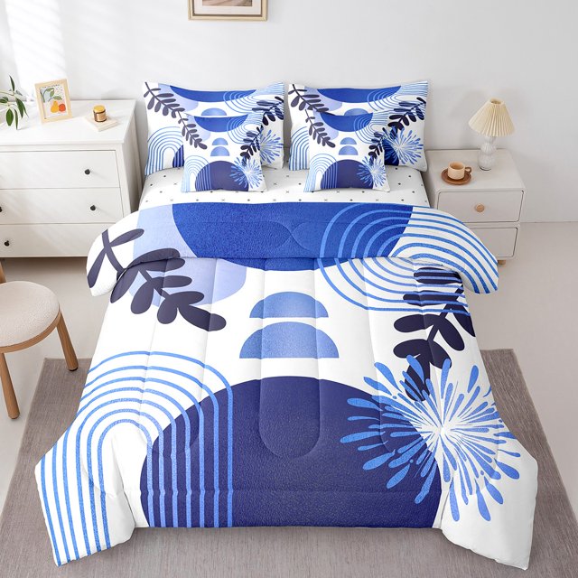 Boho Mid Century Bed in a Bag Queen Comforter Set 7 Piece Abstract Geometric Bedding Sets,Modern Minimalist Simplistic Geometry Line Art Sheet Set,Circle Ombre Stripes Room Decor,Blue
