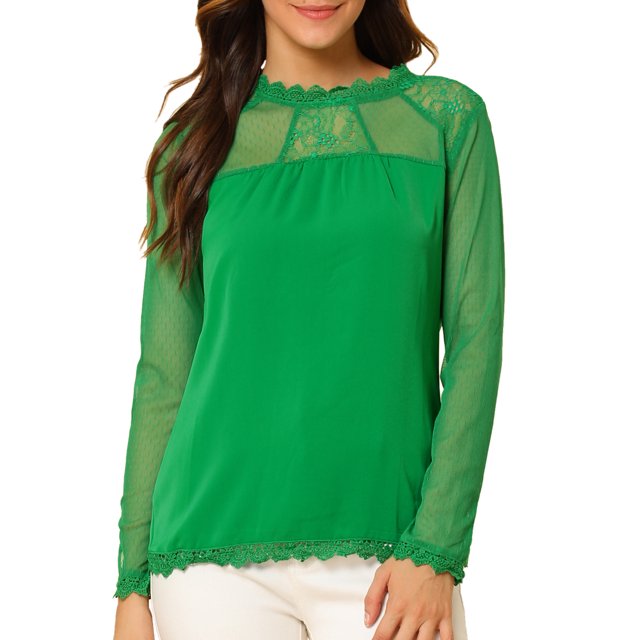 INSPIRE CHIC Blouses Décontractées pour Femmes à Col Rond en Dentelle Florale à Manches Longues en Chiffon