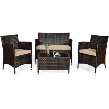 Patiojoy 4-Piece Patio Rattan Wicker Furniture Set Sofa Chair Table Set w/ Mix Brown Cushions