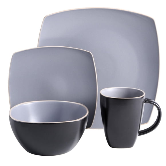 Gibson Home Soho Lounge 16 Piece Square Stoneware Dinnerware Set, Black & Grey