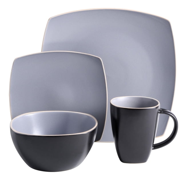 Gibson Home Soho Lounge 16 Piece Square Stoneware Dinnerware Set, Black & Grey
