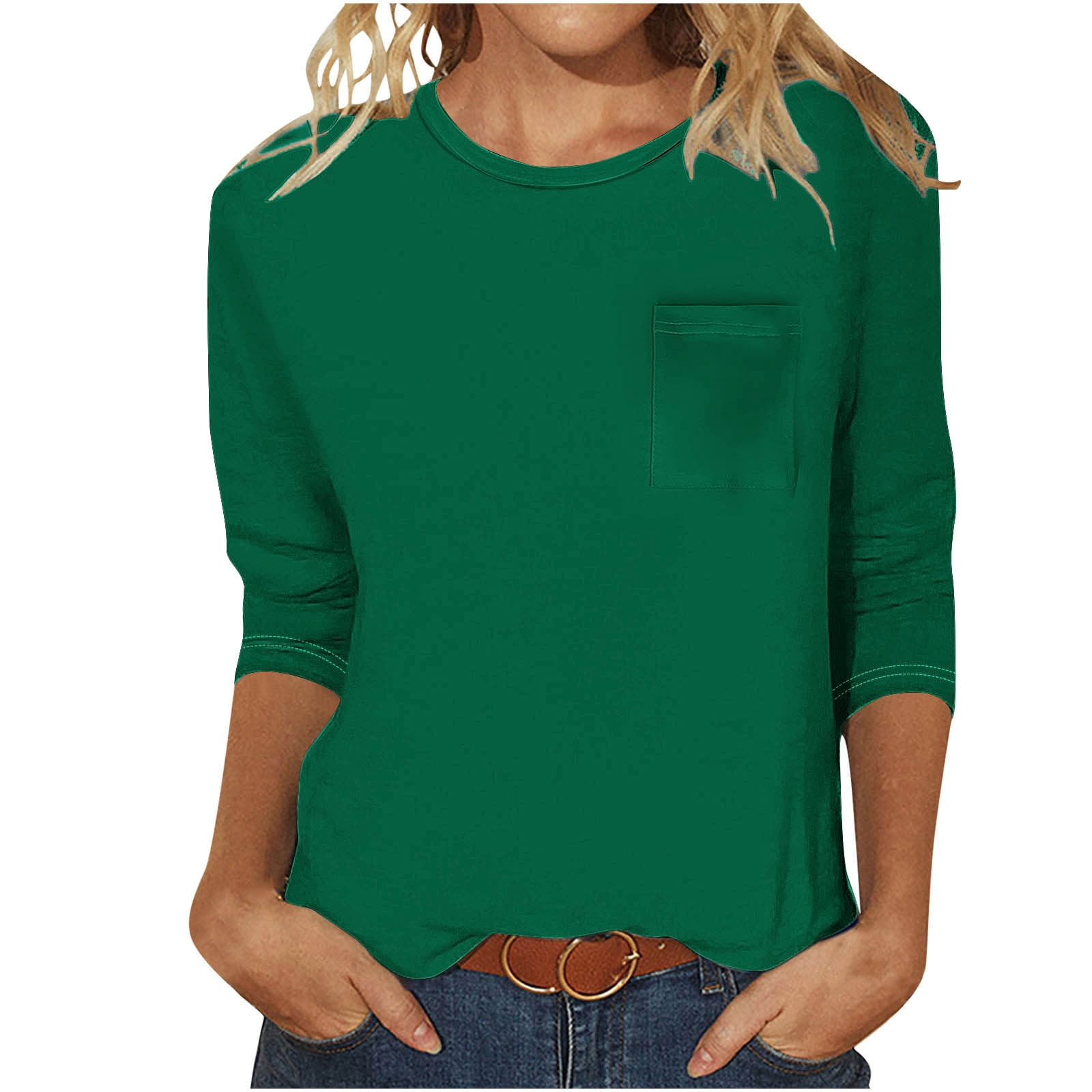Womens Casual Solid Color Round Neck 3/4 Sleeve And 3/4 Sleeve Pocket Top