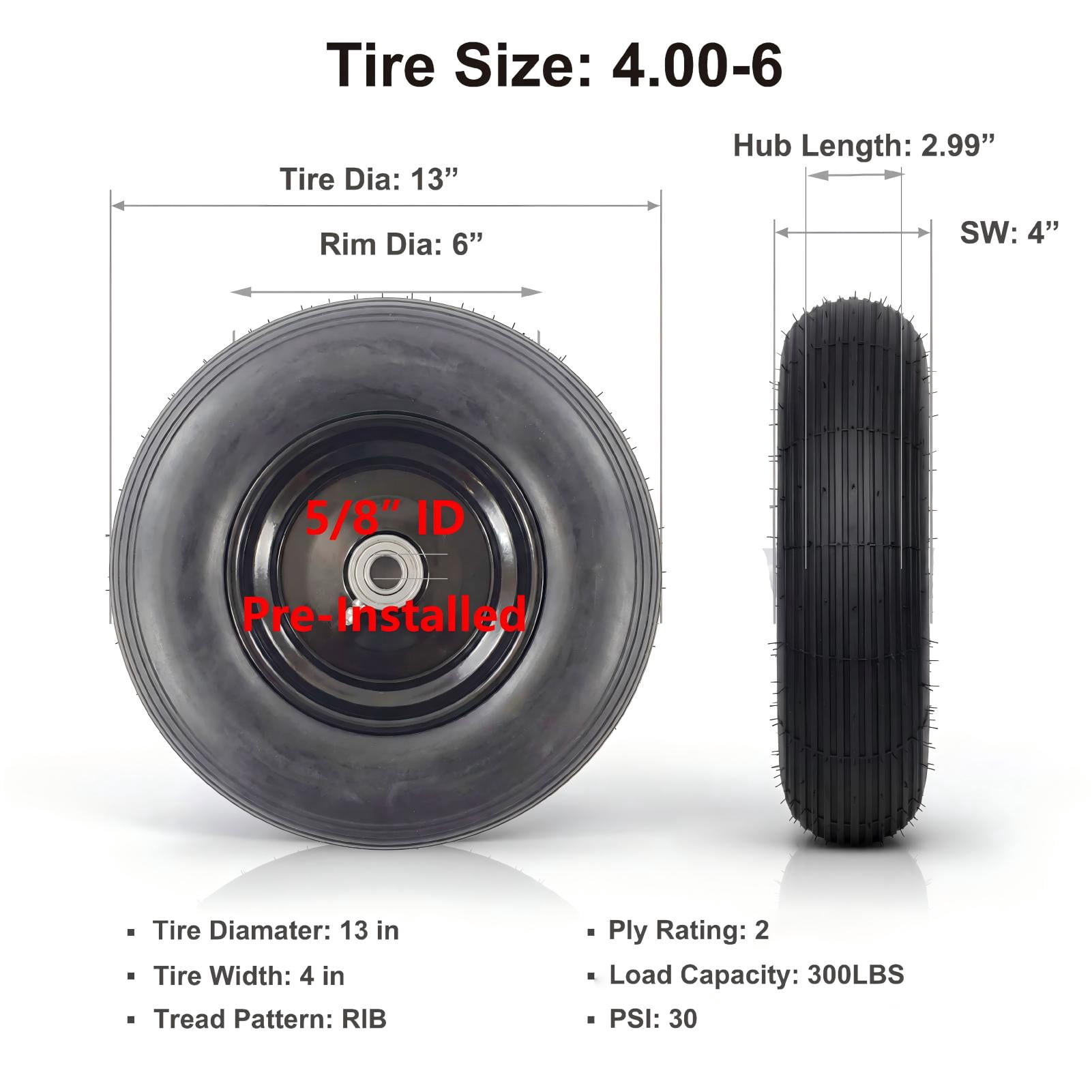 Hi-Run Ribbed 13 Inch Pneumatic 4.00-6 Wheelbarrow Tire 2PR Assembly with 5/8" Bushing Pre-Mounted