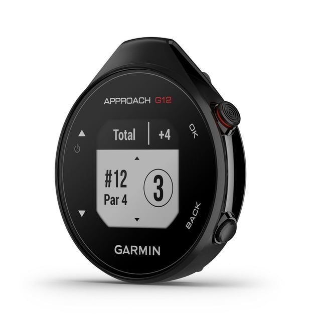 Garmin Approach G12 GPS Golfing Range Finder in black with a round, compact design and monochrome display showing golf score and hole details for hole 12, par 4. Features three side buttons labeled OK, BACK, and power, with the Garmin logo below. Provides yardage measurements, score tracking, and wireless course updates, suitable for clipping to a pocket or golf bag.