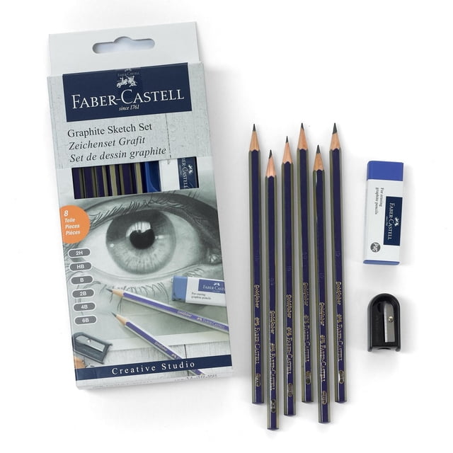 Faber-Castell Graphite Sketch Set, Drawing and Sketching for Beginners with six pre-sharpened graphite pencils in 2H, HB, B, 2B, 4B, and 6B grades featuring blue and black hexagonal barrels, a dust-free blue eraser, and a black metal sharpener, shown with packaging displaying an eye sketch on a white background, suitable for beginner artists exploring graphite drawing techniques.