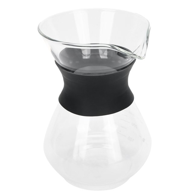 Coffee Brewer, Pour Over Coffee Maker, For Coffee Lovers Coffee Dishwasher Cleaning Home 400ml. A pour-over coffee maker set featuring a borosilicate glass pot with a black silicone grip and a reusable 304 stainless steel mesh filter. Designed for precise coffee brewing, allowing control over water temperature and coffee ground concentration. The glass is non-porous, ensuring no absorption of odors or chemical residues. Approximate capacity is 400ml.