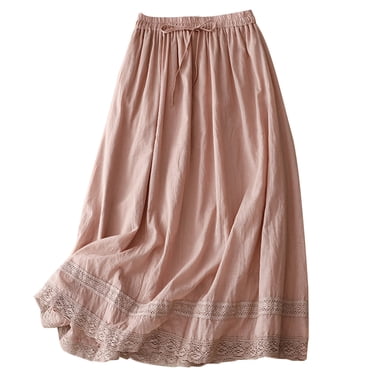 Mrat Cover Up Skirts Jupe de Couverture pour Femme Été Ample Rétro Taille Élastique Jupe Broderie Pleine Longueur Double Couche Fluide Coton et Lin Jupe en Gaze Longue Jupe en Tulle S-38 Rose-A TTG