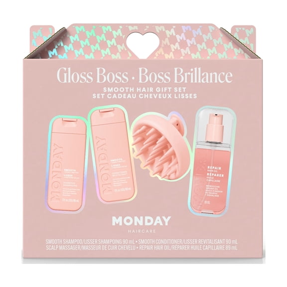 MONDAY Haircare Gloss Boss Glossy Hair Gift Set with Wheat Protein, Avocado Oil & Moroccan Argan Oil – Shampoo, Conditioner, Hair Oil & Scalp Massager