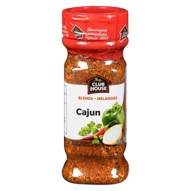 Club House, Quality Natural Herbs & Spices, Signature Blend, Cajun, 120g seasoning bottle with red flip-top cap, clear plastic container showing coarse reddish-brown Cajun spice blend, label featuring green bell pepper, onion, chili pepper, and herbs, gluten-free seasoning ideal for adding Louisiana-style flavour to chicken, seafood, and vegetables.