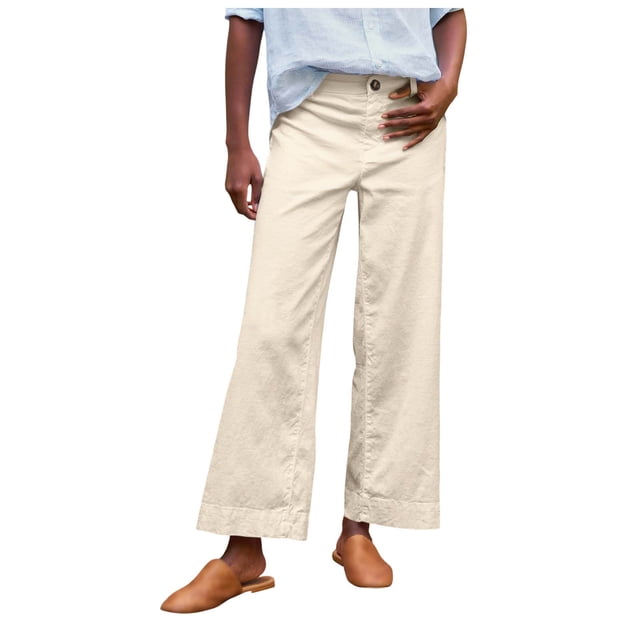 Women's Linen Pants - High Waisted Flare Wide Leg Capri Work Pants with Pockets