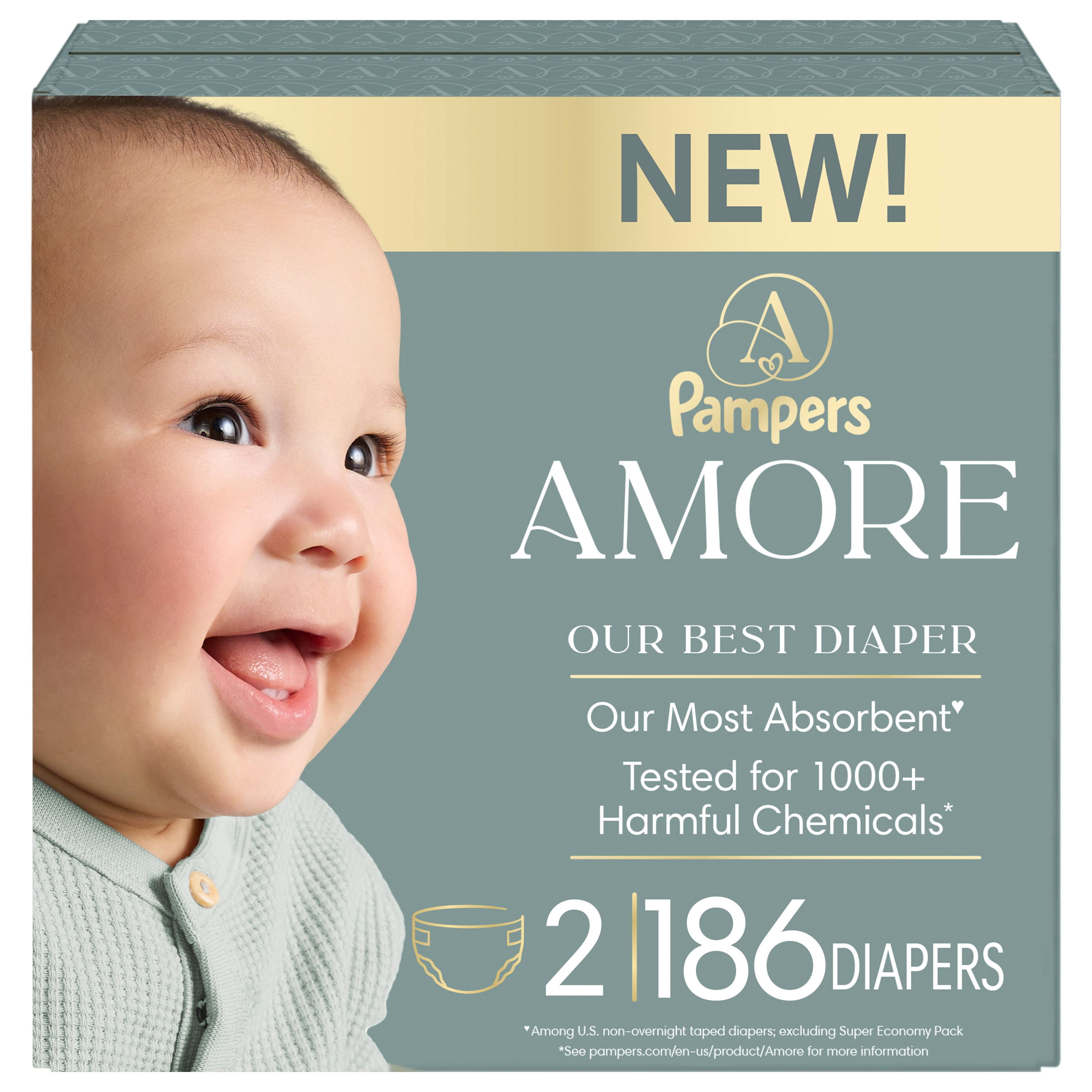 NOUVEAU Pampers AMORE, taille 2 (4,5 à 10 kg [10 à 22 lb]), notre meilleure couche, 186 unités