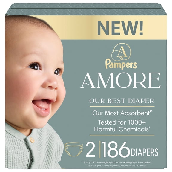 NEW Pampers AMORE, Size 2, lbs (10-22 lbs), 186 Count, Our Best Diaper