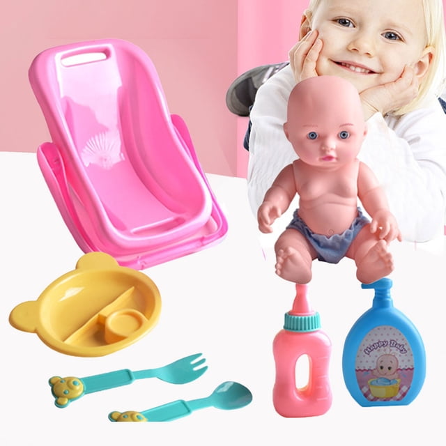 WLOELOEW Pink Enamelled Mini Simulation Cradle Doll Carrying Basket Tableware Bath Action Figure Set