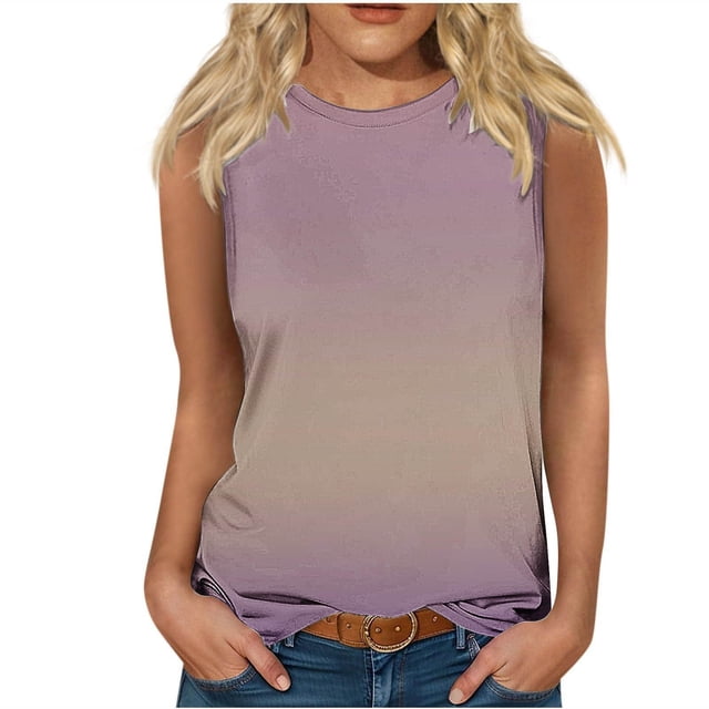 Plebaso Débardeurs 2025 pour Femmes Sans Manches à Col Rond T-Shirts Décontractés à Imprimé Dégradé Blouses d'Été T-Shirts