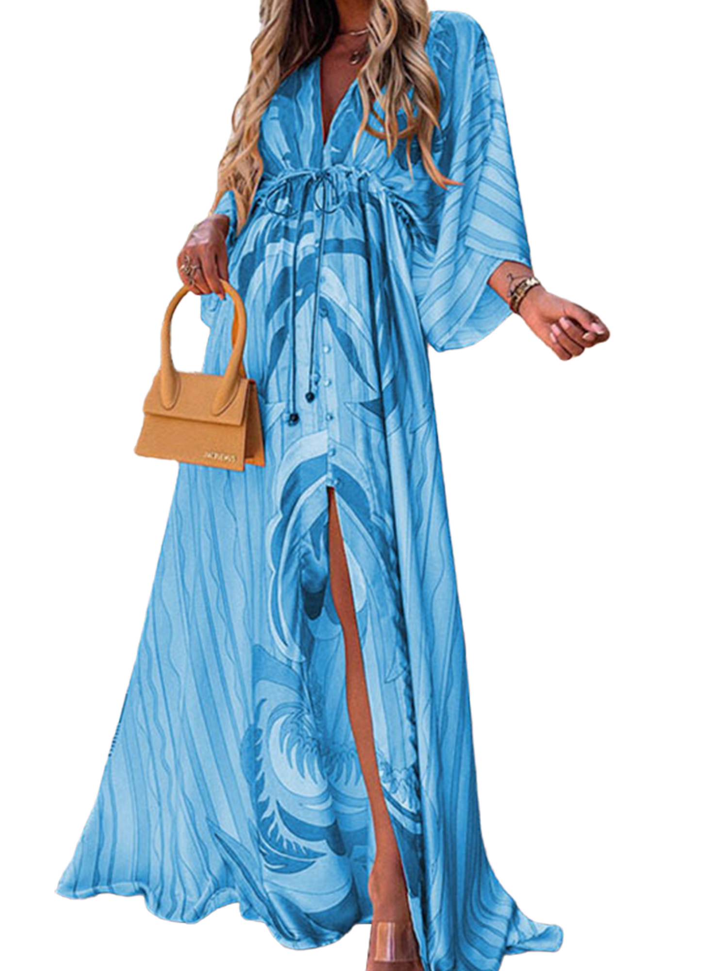 Bellella Robe Longue pour Femmes Manches 3/4 Robes Maxi Imprimé Floral Robe d'Été Hawaïenne Col en V par-Dessus Femmes Sorties de Plage Bleu Clair G
