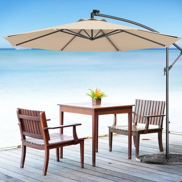 Costway Parasol Suspendu Solaire à DEL de 10 Pieds pour Terrasse, Pare-Soleil Déporté de Marché avec Base, Beige