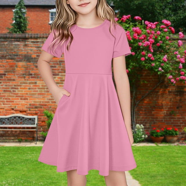 NTACZA Robes Filles Décontractées Midi à Manches Courtes Robes T-Shirt Enfants Amples Fluides Robe de Plage 4 Ans