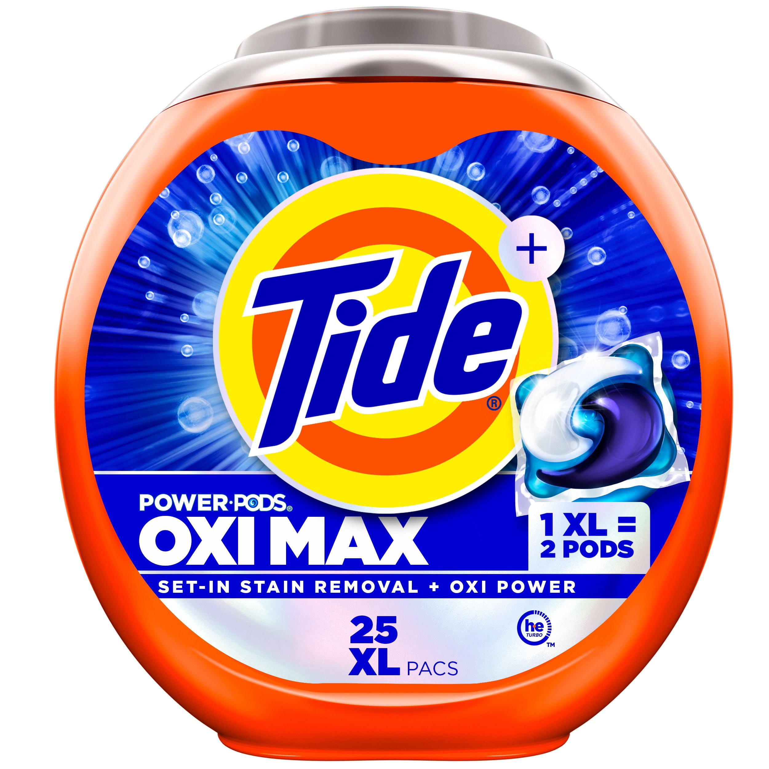 Tide Oxi Max Power PODS Laundry Detergent Pods, Stain Remover Plus Oxi Power, Detergent soap pacs for laundry washing, HE compatible, 25 Count