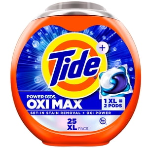 Tide Oxi Max Power PODS Laundry Detergent Pods, Stain Remover Plus Oxi Power, Detergent soap pacs for laundry washing, HE compatible, 25 Count