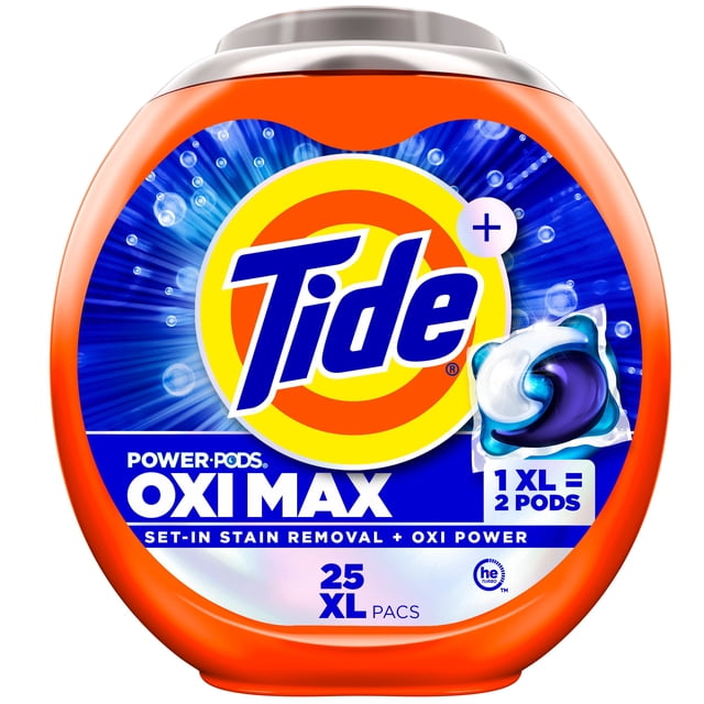 Tide Oxi Max Power PODS Laundry Detergent Pods container in bright orange packaging with the Tide logo on a blue background, featuring 25 XL pods for set-in stain removal and Oxi power, HE compatible and effective in cold water washing.
