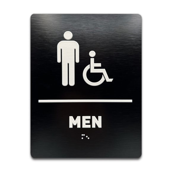 Men Restroom Identification Sign - Wheelchair Accessible ADA Compliant Bathroom Sign Raised Icons Raised Braille Brushed Black TCO Inspection Certified (6""W x 8""H) - by GDS