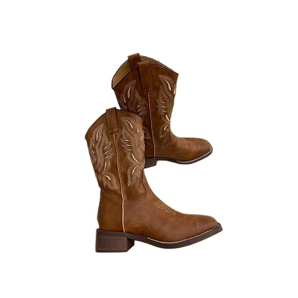 UKAP Womens Comfort Mid-Calf Western Cowgirl Boots Outdoor Fashion Embroidered Wide Calf Boot Non Slip Khaki 6.5